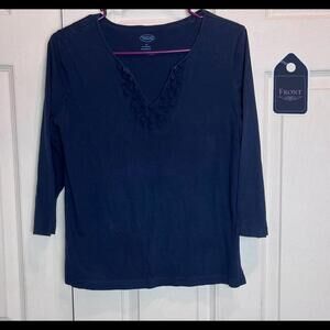Talbot Womens Top Size Small Navy Blue 3/4 Sleeve V-neck